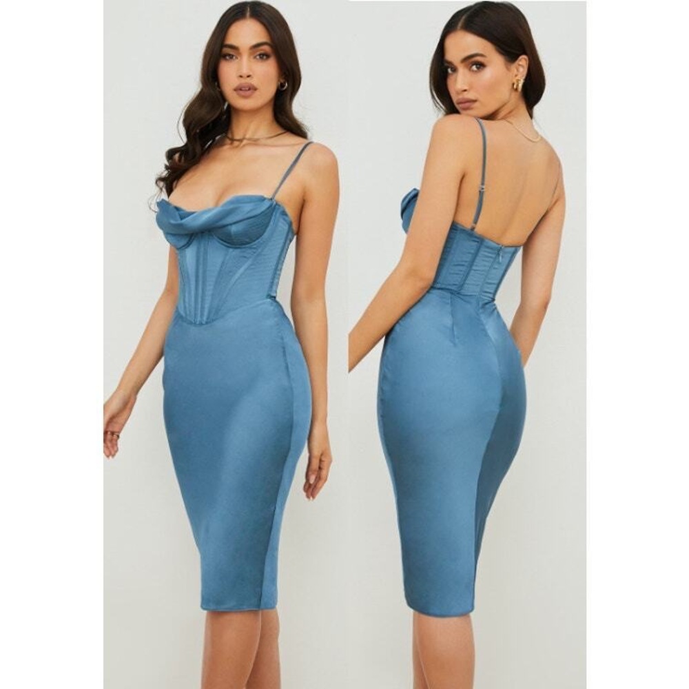 HOUSE OF CB Myrna Satin Corset Dress Aegean Blue S - Picture 10 of 10